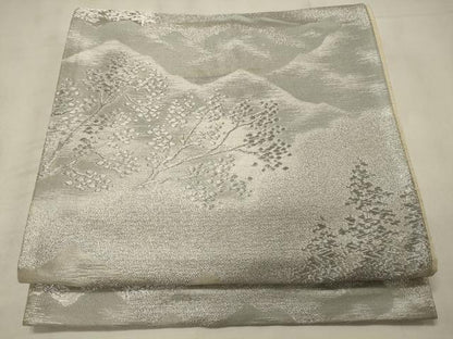 平和屋着物◎六通柄袋帯 遠山草木文 銀糸 正絹 逸品 CABB3587oy