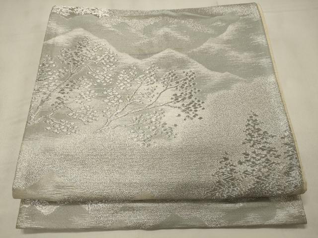 平和屋着物◎六通柄袋帯 遠山草木文 銀糸 正絹 逸品 CABB3587oy