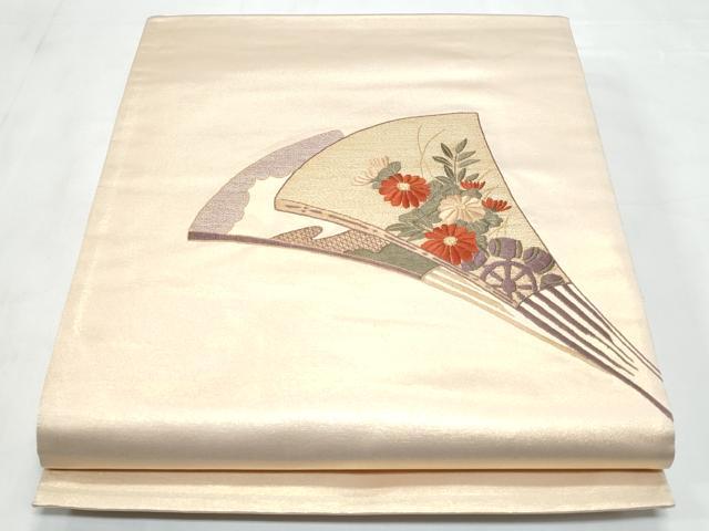 平和屋着物◎太鼓柄袋帯　総刺繍　扇面花文　金糸　引箔　正絹　逸品　CABB3685fb
