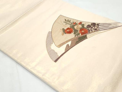 平和屋着物◎太鼓柄袋帯　総刺繍　扇面花文　金糸　引箔　正絹　逸品　CABB3685fb