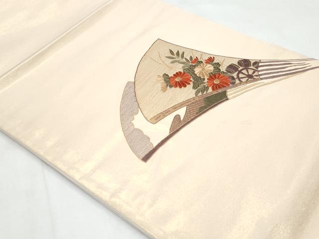 平和屋着物◎太鼓柄袋帯　総刺繍　扇面花文　金糸　引箔　正絹　逸品　CABB3685fb