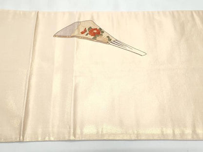 平和屋着物◎太鼓柄袋帯　総刺繍　扇面花文　金糸　引箔　正絹　逸品　CABB3685fb