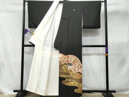 平和屋着物■豪華黒留袖 駒刺繍 扇面飛鶴文 金彩 正絹 逸品 CABB3763fb