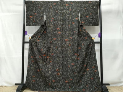 平和屋着物■上質な小紋　笹の葉　黒地　正絹　逸品　CABB3825fb