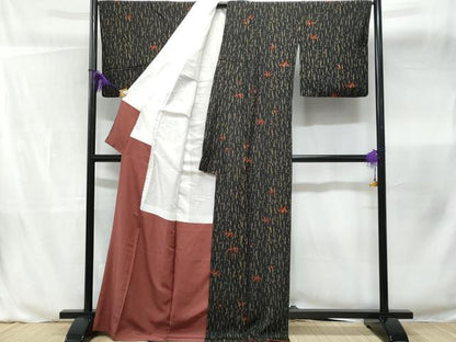 平和屋着物■上質な小紋　笹の葉　黒地　正絹　逸品　CABB3825fb
