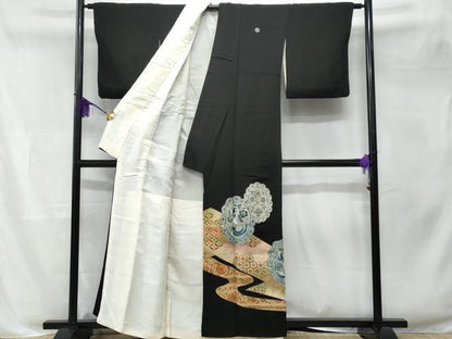平和屋着物■豪華黒留袖 駒刺繍 絵皿鳳凰花文 暈し染め 金彩 正絹 逸品 CABB3953fb
