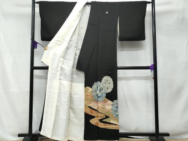 平和屋着物■豪華黒留袖 駒刺繍 絵皿鳳凰花文 暈し染め 金彩 正絹 逸品 CABB3953fb