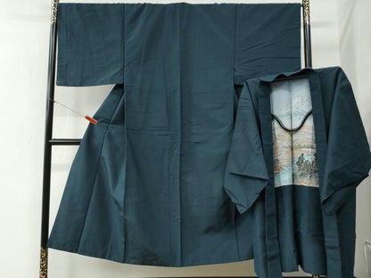 平和屋着物●男性　紬　アンサンブル　色無地　濃紺地　正絹　逸品　CABB4016yc