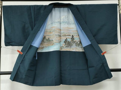 平和屋着物●男性　紬　アンサンブル　色無地　濃紺地　正絹　逸品　CABB4016yc