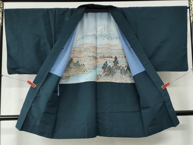 平和屋着物●男性　紬　アンサンブル　色無地　濃紺地　正絹　逸品　CABB4016yc