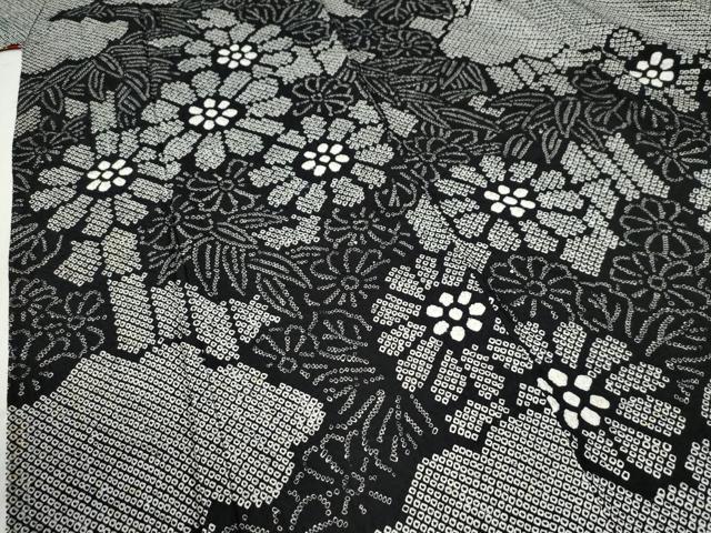 平和屋着物○豪華振袖 総絞り 雲取り竹並び草花文 黒地 正絹