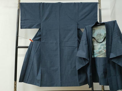 平和屋着物●男性 髭紬 アンサンブル 色無地 留紺色 正絹 逸品 CABB4039yc
