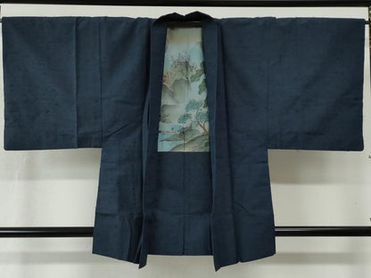 平和屋着物●男性 髭紬 アンサンブル 色無地 留紺色 正絹 逸品 CABB4039yc