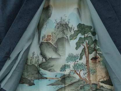 平和屋着物●男性 髭紬 アンサンブル 色無地 留紺色 正絹 逸品 CABB4039yc