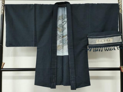 平和屋着物＃男性　長羽織　うぜん真綿紬　色無地　留紺色　反端付き　正絹　逸品　未使用　CABB4041yc