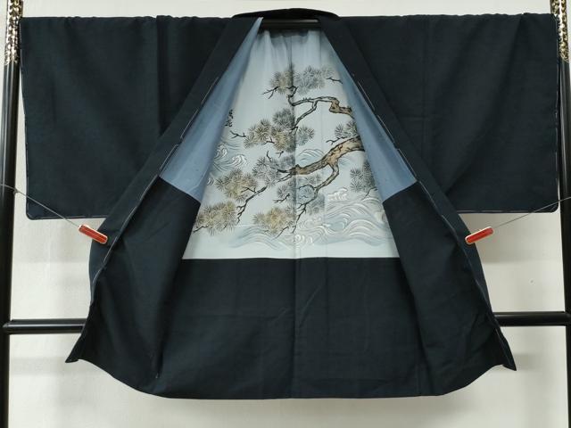 平和屋着物＃男性　長羽織　うぜん真綿紬　色無地　留紺色　反端付き　正絹　逸品　未使用　CABB4041yc