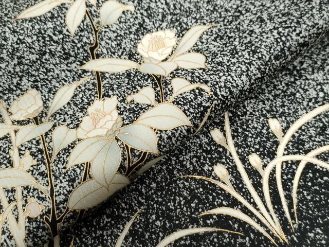 平和屋着物●訪問着　枝花文　たたき染め　黒地　金彩　鈴乃屋扱い　正絹　逸品　CABB4061yc 平和屋着物○訪問着 枝花文 たたき染め 黒地 金彩 鈴乃屋扱い 正絹
