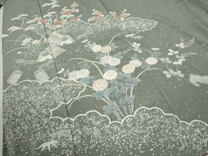 平和屋着物●訪問着　刺繍　雲取り松竹梅風景文　金糸　正絹　逸品　CABB4101yc