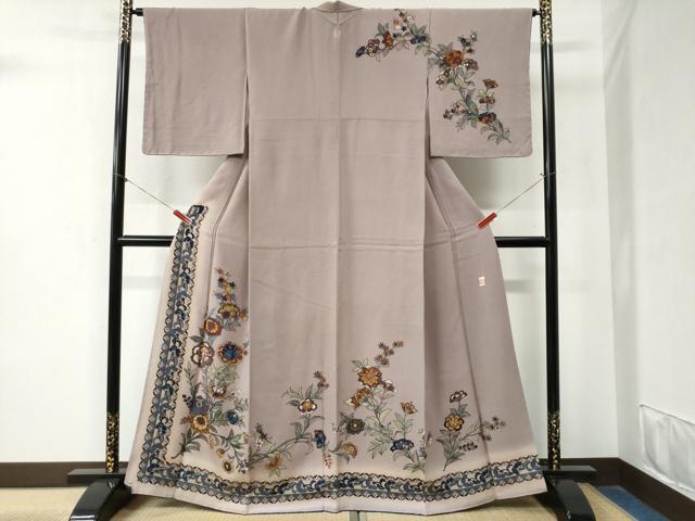 平和屋着物●訪問着　作家物　手描き　更紗枝花文　暈し染め　鬼しぼ縮緬　正絹　逸品　未使用　CABB4114yc