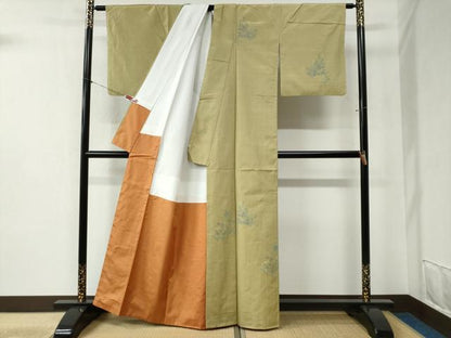 平和屋着物●訪問着　紬地　老風草花文　小千谷織物謹製　反端付き　正絹　逸品　CABB4163y