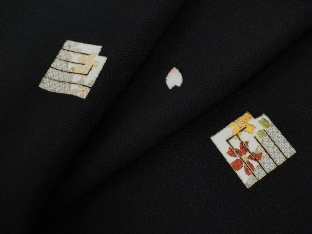 小紋　正絹　黒地　源氏香　縮緬　パステルカラー 小紋 正絹 黒地 源氏香 縮緬 パステルカラー