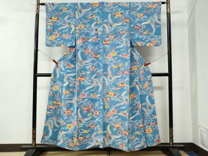 平和屋着物●上質な小紋　型染め　立波飛鶴草花文　鬼しぼ縮緬　正絹　逸品　CABB4209yc
