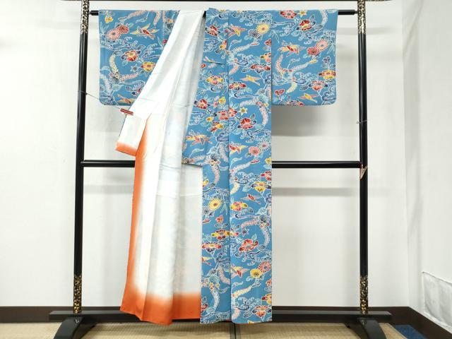 平和屋着物●上質な小紋　型染め　立波飛鶴草花文　鬼しぼ縮緬　正絹　逸品　CABB4209yc 平和屋本店□極上 浦野理一 型染 小紋 立波花鳥文 鬼しぼ縮緬 錫色地