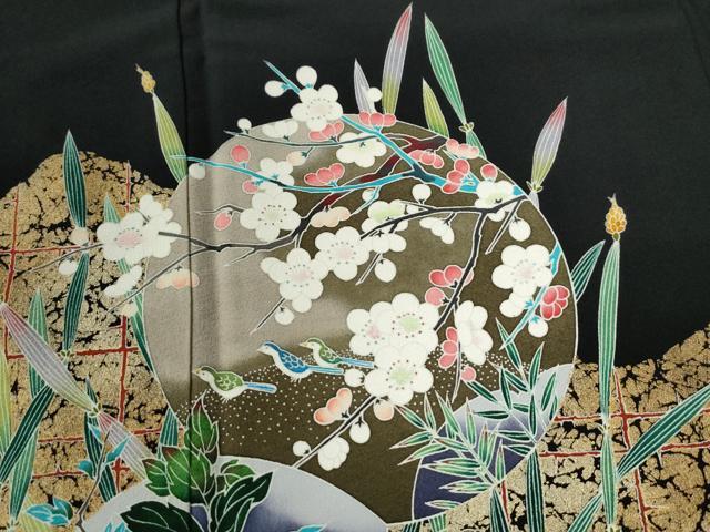 125 京加賀友禅 作家物 松本健一 振袖フルセット正絹 裄67 平和屋着物○京加賀友禅 松本健一 黒留袖 浜松木賊花鳥丸文 金彩