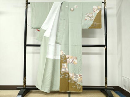 平和屋着物●訪問着　流水草花丸文　金彩　正絹　逸品　CABB4295yc