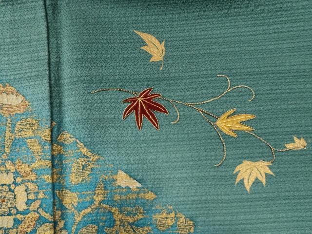 ☆ 訪問着 刺繍柄 上品な花模様 貝桶 金彩 暈し 錆青磁色 K-4086 平和屋着物○訪問着 刺繍 更紗花唐草文 暈し染め 金彩 鈴乃屋