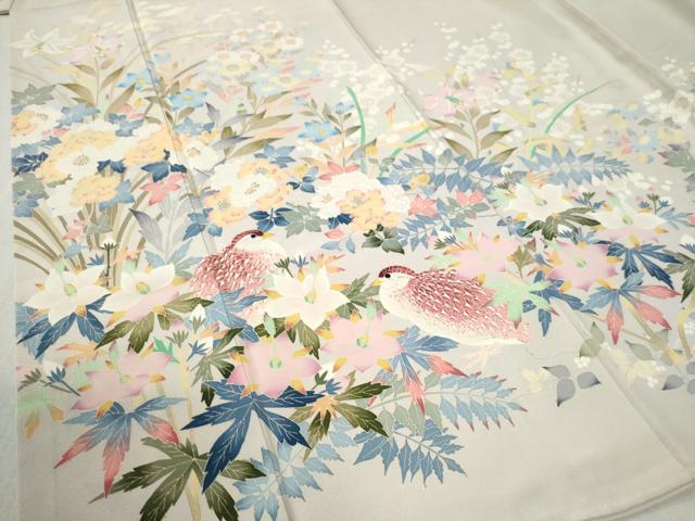 平和屋着物○豪華色留袖 友禅 作家物 鶉草花文 正絹 逸品 CABB4304yc