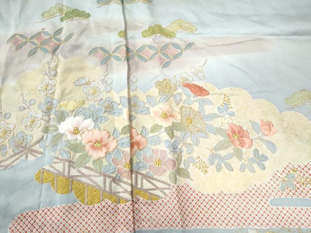 平和屋着物●訪問着　駒刺繍　エ霞雲取り籬花文　金彩　仮絵羽　正絹　逸品　未使用　CABB4306yc