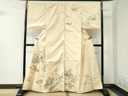 平和屋着物●訪問着　紬地　友禅　浜松風景花文　正絹　逸品　CABB4307yc