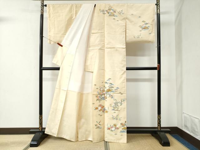 平和屋着物●訪問着　紬地　友禅　浜松風景花文　正絹　逸品　CABB4307yc