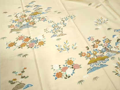 平和屋着物●訪問着　紬地　友禅　浜松風景花文　正絹　逸品　CABB4307yc