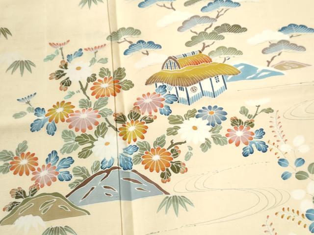 平和屋着物●訪問着　紬地　友禅　浜松風景花文　正絹　逸品　CABB4307yc