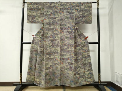 平和屋着物●上質な小紋　型染め　風景文　鬼しぼ縮緬　正絹　逸品　CABB4309yc