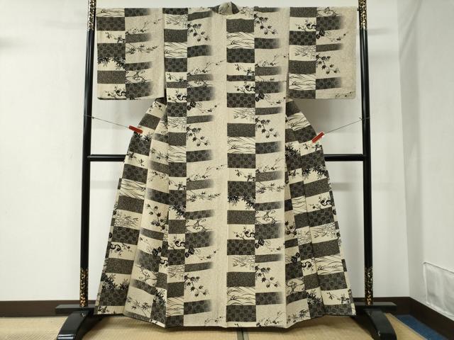平和屋着物●上質な小紋　胴抜き仕立て　型染め　変わり市松枝花文　正絹　逸品　CABB4313yc 平和屋着物○上質な小紋 胴抜き仕立て 型染め 変わり市松枝花