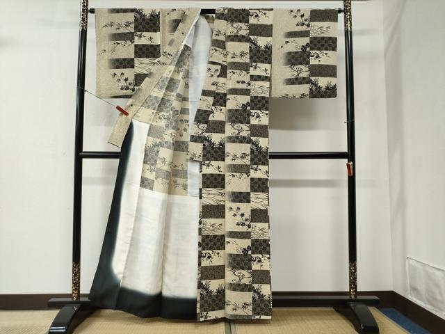 平和屋着物●上質な小紋　胴抜き仕立て　型染め　変わり市松枝花文　正絹　逸品　CABB4313yc 平和屋着物○上質な小紋 胴抜き仕立て 型染め 変わり市松枝花