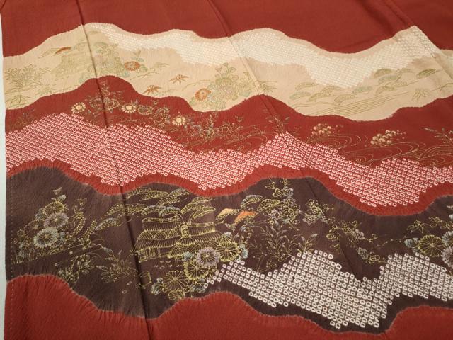 平和屋着物●豪華色留袖　絞り　刺繍　道長松竹梅風景花文　金彩　鬼しぼ縮緬　正絹　逸品　CABB4325yc 平和屋着物○豪華色留袖 絞り 刺繍 道長松竹梅風景花文 金彩 鬼