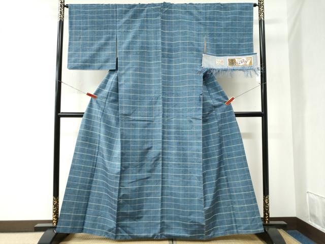 平和屋着物●伝承　上田つむぎ　格子柄　証紙付き　正絹　逸品　CABB4336yc 平和屋着物○伝承 上田つむぎ 格子柄 証紙付き 正絹 逸品 CABB4336yc