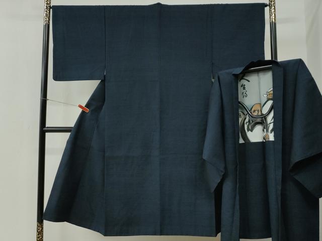 平和屋着物●男性　紬　アンサンブル　色無地　濃紺地　正絹　逸品　CABB4338yc