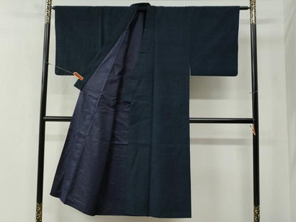 平和屋着物●男性　紬　アンサンブル　色無地　濃紺地　正絹　逸品　CABB4338yc