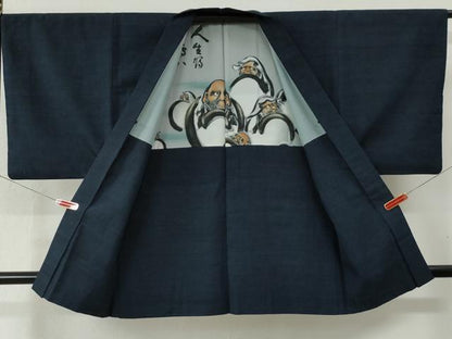 平和屋着物●男性　紬　アンサンブル　色無地　濃紺地　正絹　逸品　CABB4338yc