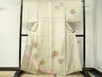 平和屋着物●訪問着　駒刺繍　雪輪花松文　金彩　正絹　逸品　CABB4345yc