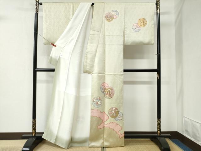 平和屋着物●訪問着　駒刺繍　雪輪花松文　金彩　正絹　逸品　CABB4345yc