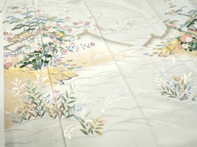平和屋着物●訪問着　刺繍　松竹梅風景文　暈し染め　金彩　大丸扱い　正絹　逸品　CABB4347yc 平和屋着物○訪問着 刺繍 松竹梅風景文 暈し染め 金彩 大丸扱い