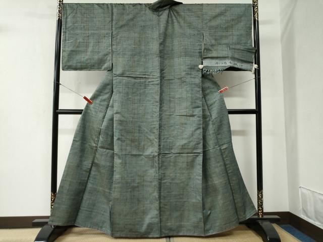 平和屋着物●本場手織紬 変わり格子 反端付き 正絹 逸品 未使用 CABB4360yc