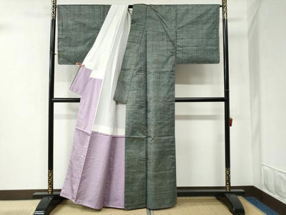 平和屋着物●本場手織紬 変わり格子 反端付き 正絹 逸品 未使用 CABB4360yc