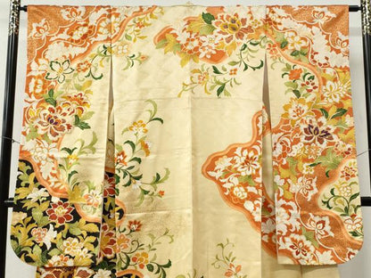 平和屋着物●豪華振袖　駒刺繍　更紗花唐草文　金彩　正絹　逸品　CABB4361yc